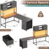 L-Shaped Gaming Desk – Reversible with LED Lights, Drawers, Power Outlet & Storage Shelf (Grey) - Image 3