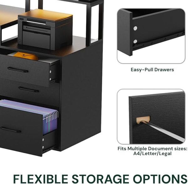 65.7" L-Shaped Desk with Drawers & LED Light – Corner Computer Desk with Power Outlet for Home Office