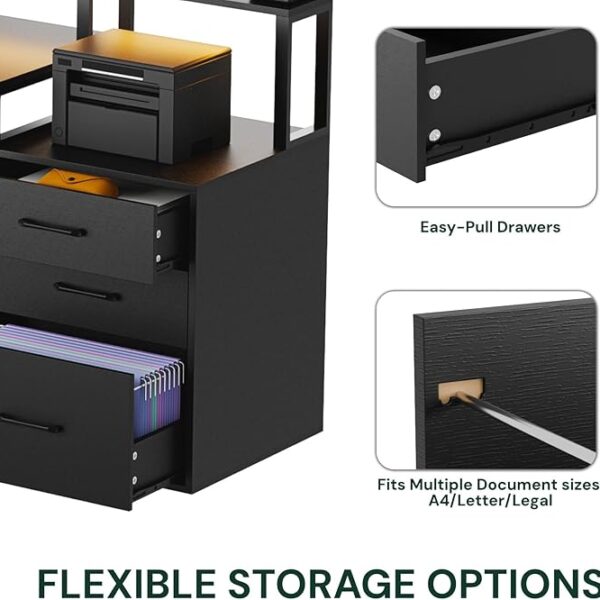 65.7" L-Shaped Desk with Drawers & LED Light – Corner Computer Desk with Power Outlet for Home Office