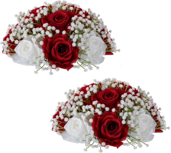 "2PCS 9.4'' Flower Ball Bouquets – Crimson Roses & Baby’s Breath for Wedding & Party Centerpieces"