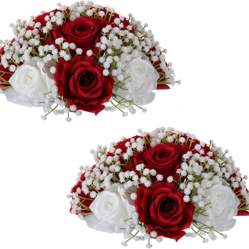 "2PCS 9.4'' Flower Ball Bouquets – Crimson Roses & Baby’s Breath for Wedding & Party Centerpieces"