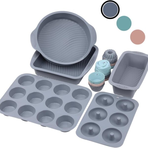 41-Piece Silicone Baking Set – Cake Molds, Muffin & Donut Pans, Baking Cups (Grey)
