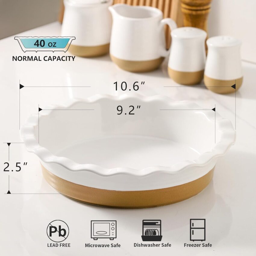9-Inch Ceramic Pie Pan – White Round Dish for Quiche, Tart, and Cake, Oven & Microwave Safe