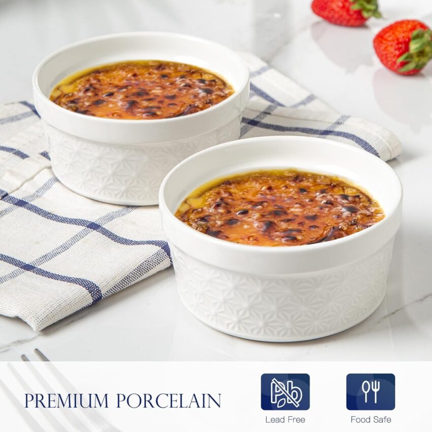 8 oz Ceramic Ramekins – Set of 6 Oven-Safe Soufflé Dishes for Dessert, Custard & More (White Snowflake)