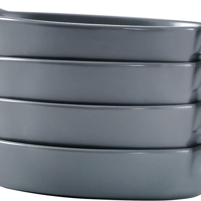 Set of 4 Oval Ceramic Pie Pans – 8"x5" Deep Au Gratin Dishes with Handles, Oven Safe (Gray)