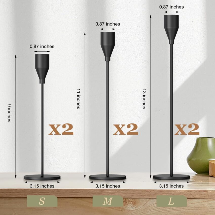 Set of 6 Matte Black Taper Candle Holders – Table & Fireplace Decor