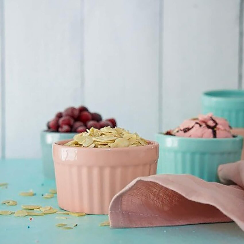 Set of 6 Pink Ramekins – 10 oz Porcelain Soufflé Dishes, Oven Safe for Baking Desserts & Soup