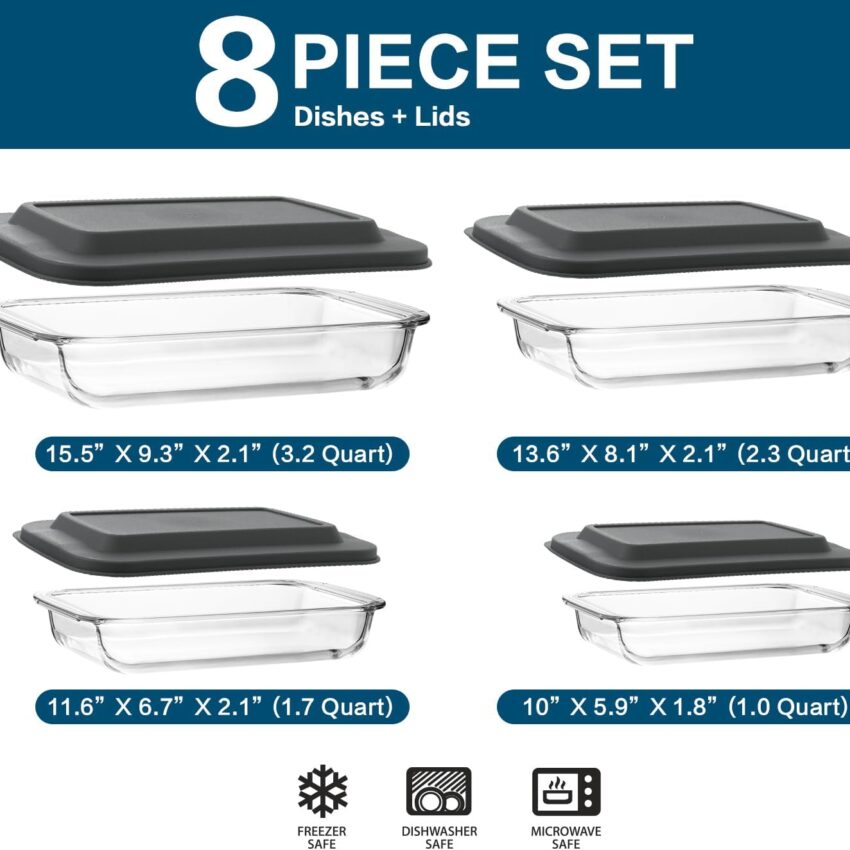8-Piece Glass Baking Dish Set with Lids – Rectangular Bakeware for Lasagna & Leftovers (Gray)