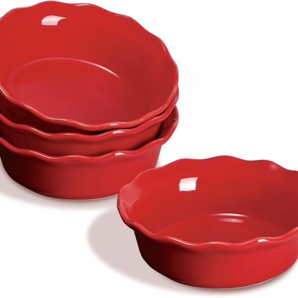 Set of 4 Ceramic 6.8" Pie Pans – 16 oz Oven Safe Deep Dish for Pot Pie & Desserts (Red)