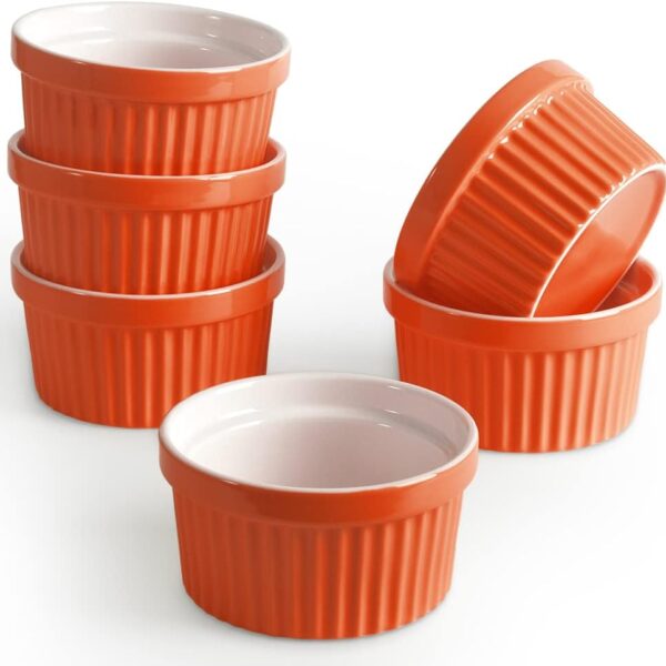 Set of 6 Orange Porcelain Ramekins – 8 oz Ice Cream & Crème Brûlée Cups for Baking