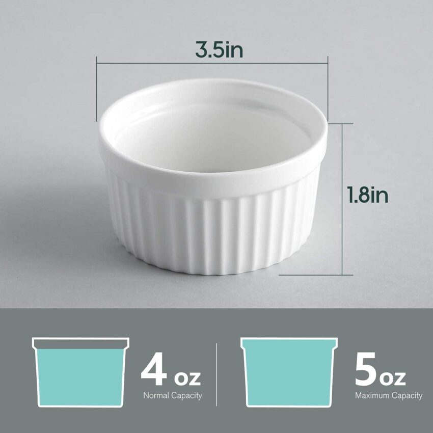Set of 6 White Porcelain Ramekins – 4 oz Oven Safe Soufflé Dishes for Crème Brûlée & Sauces