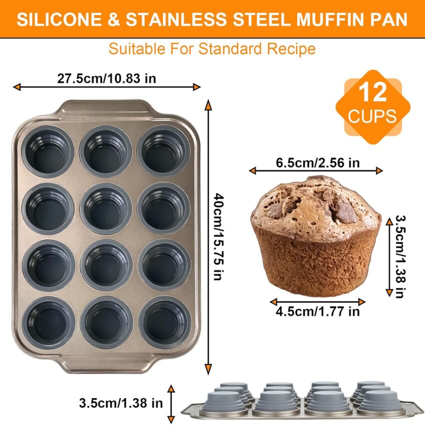 12-Cup Silicone Muffin Pan with Metal Frame – Nonstick Cupcake Mold for Baking (Golden Gray)