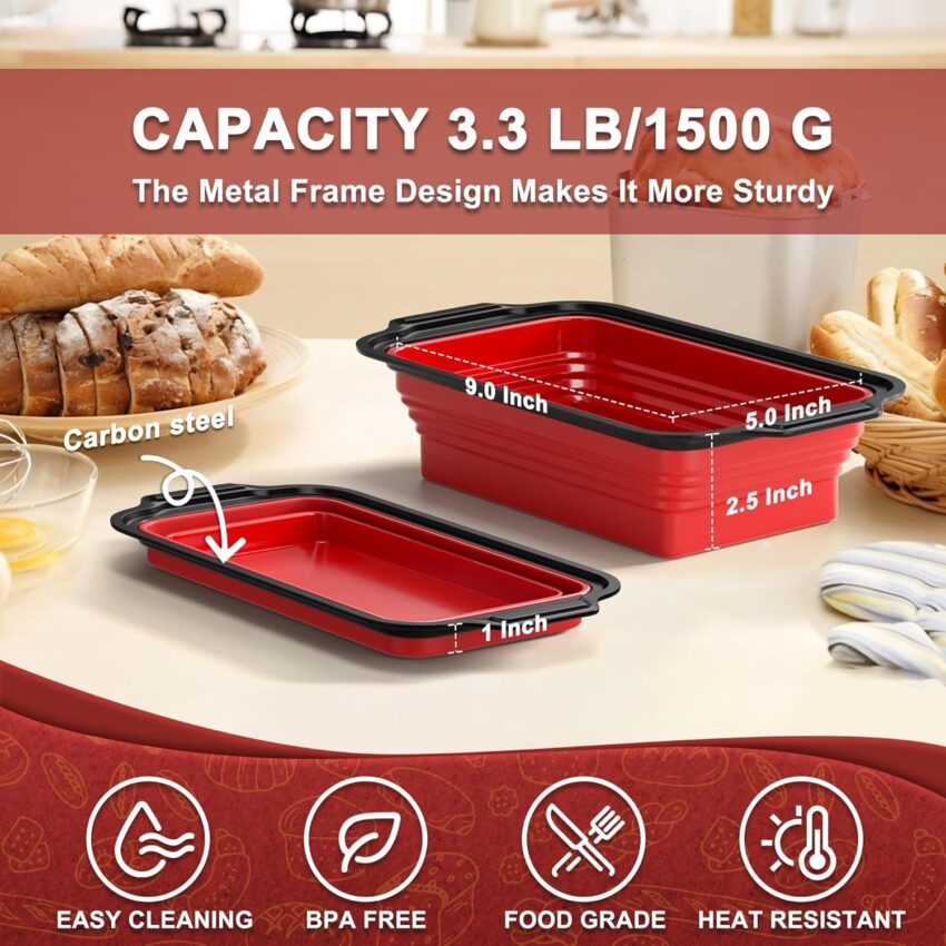 2-Pack Silicone Loaf Pans with Metal Frame – Non-Stick Bread & Cake Molds (9"x5"x2.5", Red)