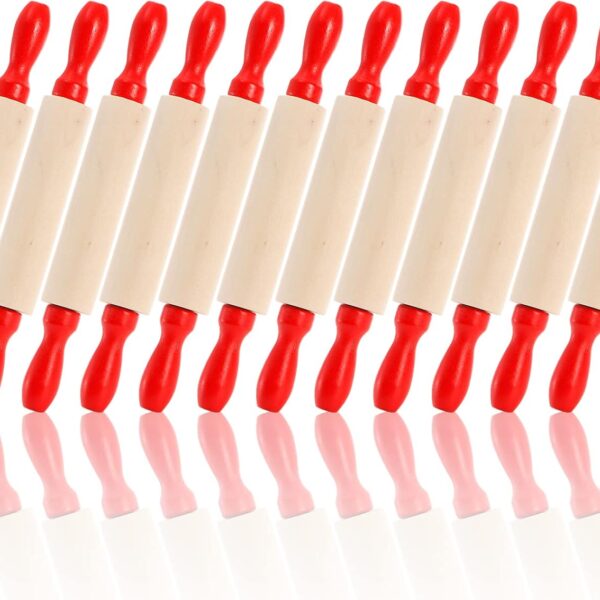 Set of 12 Mini 8" Wooden Rolling Pins with Red Handles – Small Dough Rollers for Baking, Crafting, Fondant, and Play