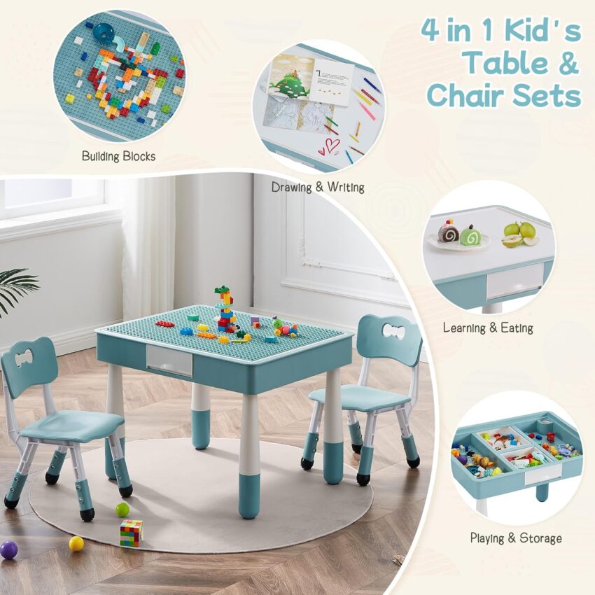 "4-in-1 Kids Table & 2 Chairs Set – Activity Table for Ages 3-10 (Grayish Blue)"
