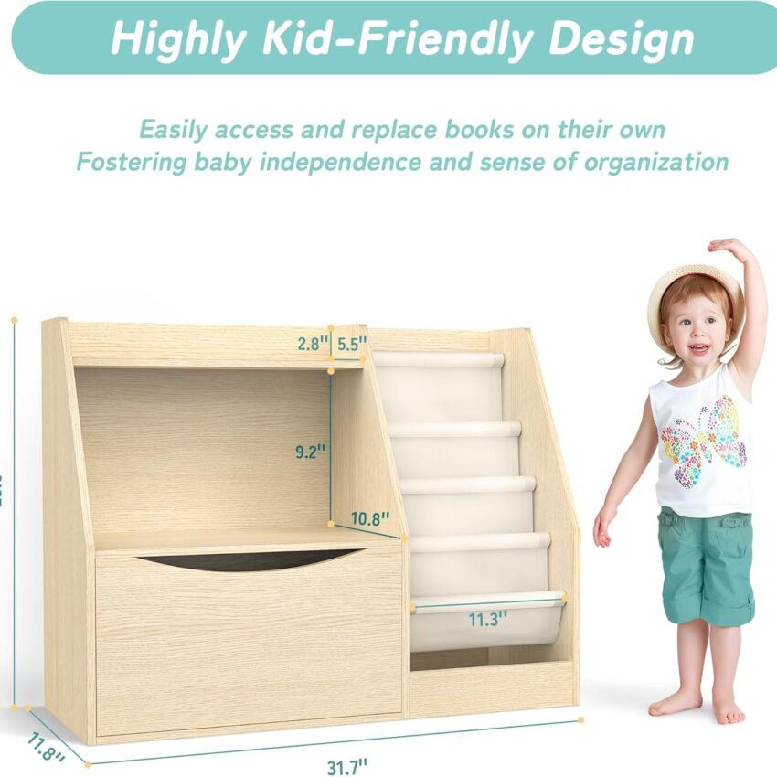 "2-Tier Kids Bookshelf & Book Storage – 4 Sling Organizer for Nursery & Playroom (Natural Wood)"