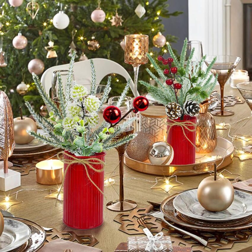 "2-Pack 12'' Mini Christmas Floral Arrangements – Holly, Berries & Pine Cones in Rustic Pots for Holiday Decor"