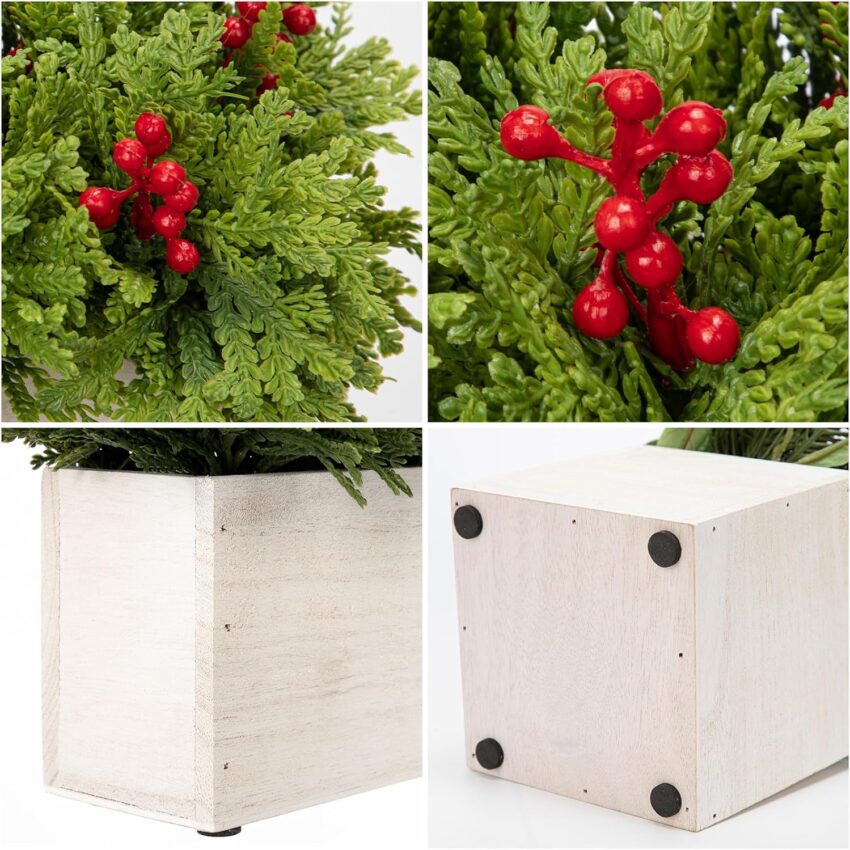 "8'' Artificial Christmas Plant in Wooden Pot – Tabletop Centerpiece with Berries & Cedar for Holiday Decor"