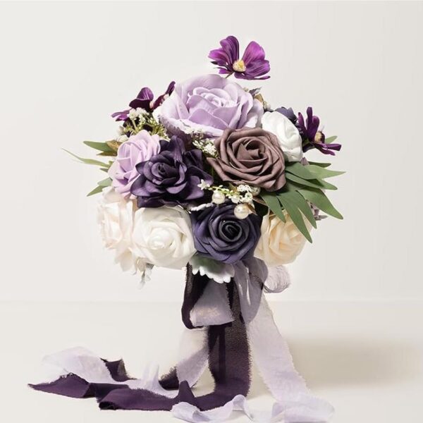 Purple Lilac Bridal & Bridesmaid Bouquets, 9" Silk Round Artificial Flowers