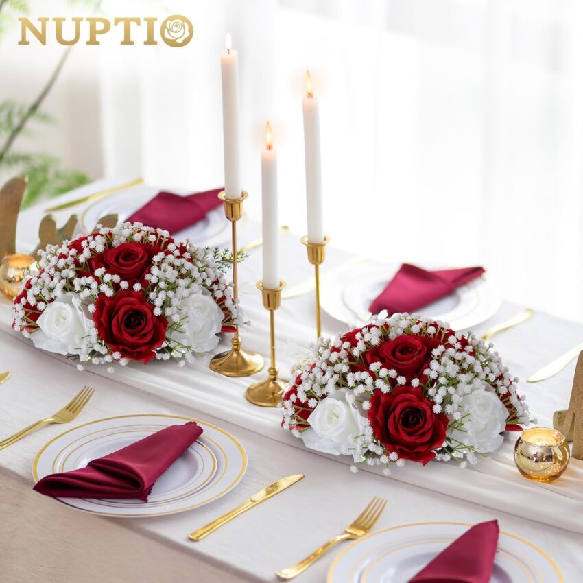 "2PCS 9.4'' Flower Ball Bouquets – Crimson Roses & Baby’s Breath for Wedding & Party Centerpieces"