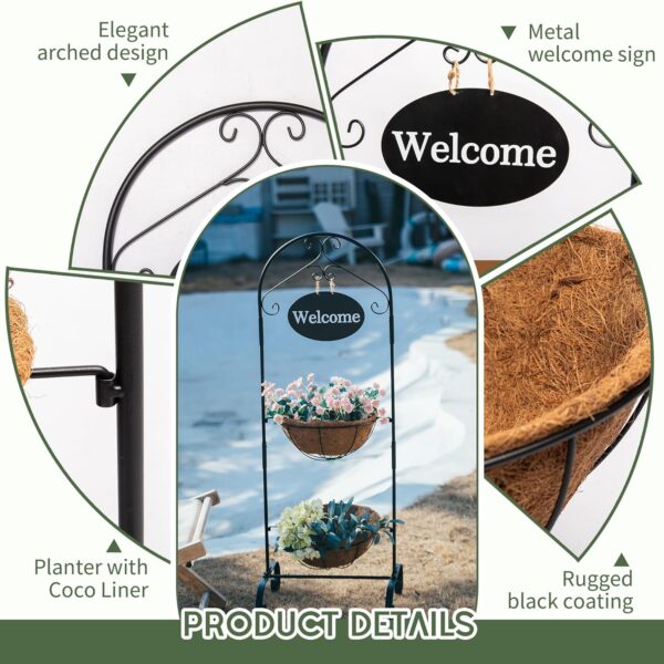 Welcome 2-Tier Planter Stand with Coco Liner & Decorative Sign, 43.75” Tall Outdoor Plant Holder