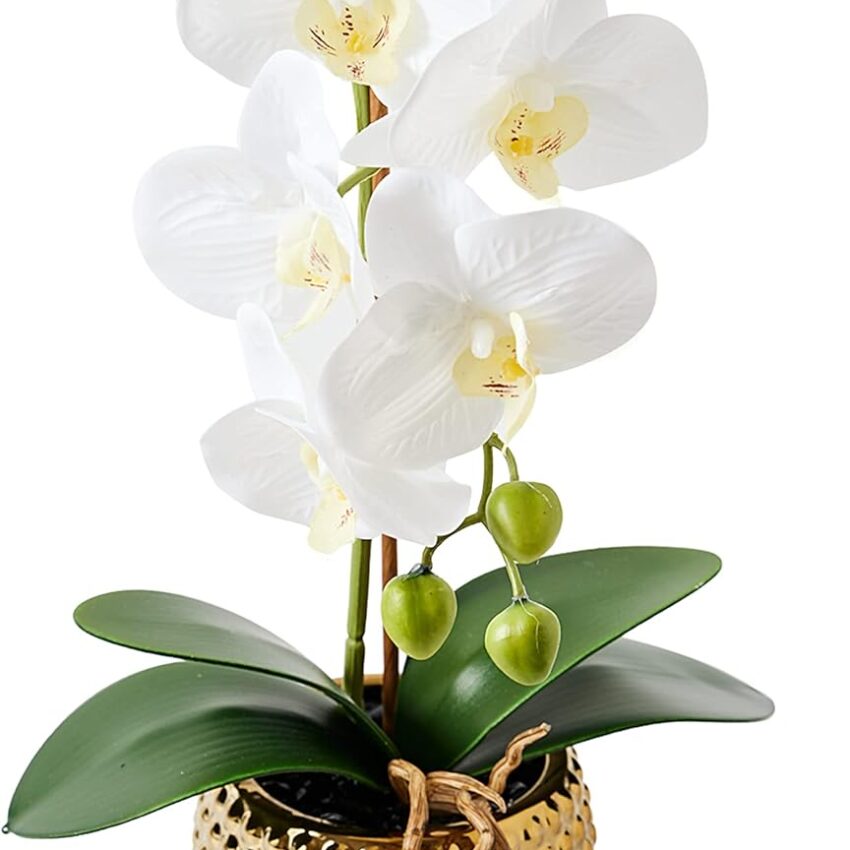 15" Artificial Orchid in Gold Pot for Home Decor (White)