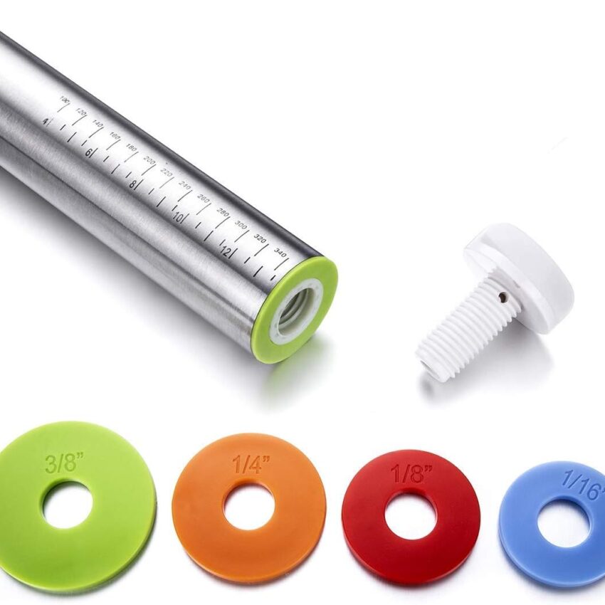 Adjustable Stainless Steel Rolling Pin & Red Pastry Mat Set – Dough Roller with Thickness Rings for Baking