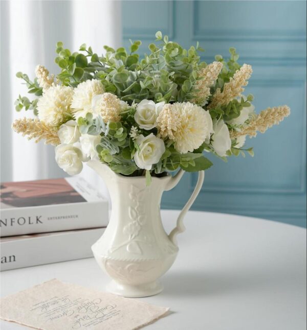 3Pcs White Rose & Eucalyptus Artificial Flower Bouquets for Decor
