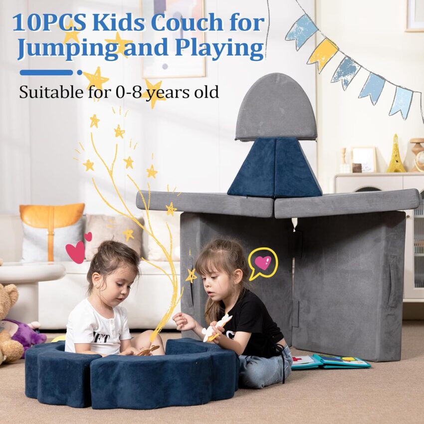 10PCS Modular Kids Play Couch, Convertible Foam Sofa for Playroom