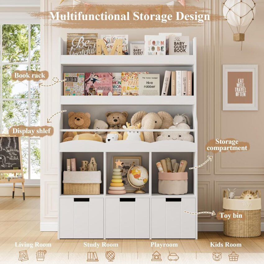 55.3" Kids Bookshelf with Toy Storage, Tall Bookcase & Movable Bins, Modern Toy Box, White