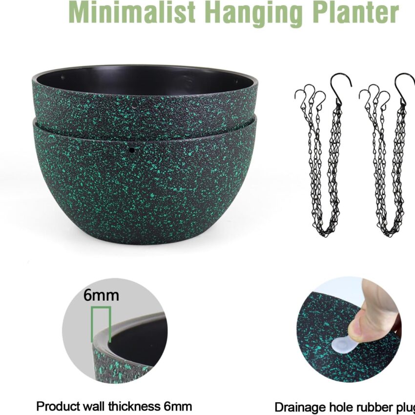 2-Pack 12" Black Hanging Planters with Drainage & Chains for Indoor/Outdoor Plants