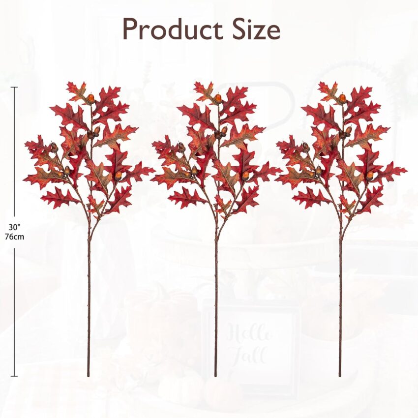 3-Pcs 30" Red Fall Oak Stems with Acorns for Autumn Decor, Centerpieces & Vases