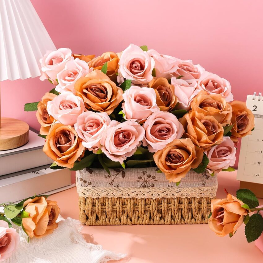50 Pcs Mixed Cappuccino & Coffee Brown Artificial Roses for Vase & Wedding Decor