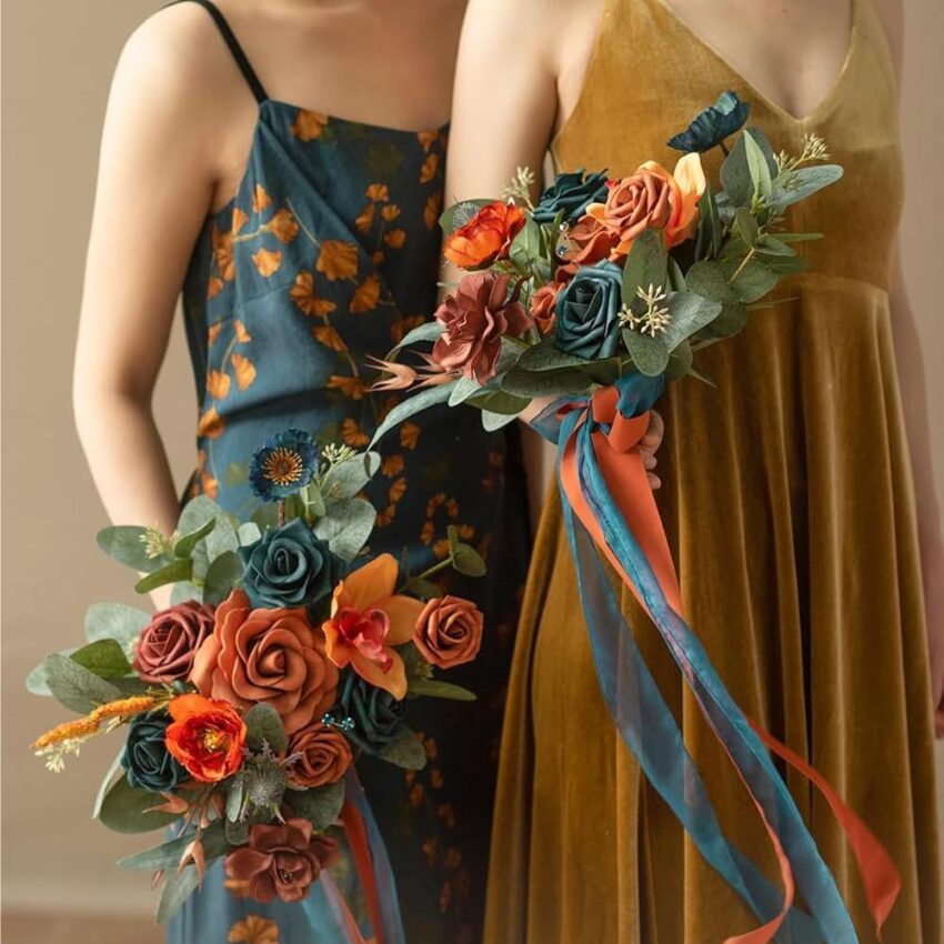 Teal & Burnt Orange 7-Inch Bridesmaid Bouquet - Wedding Flowers & Decor