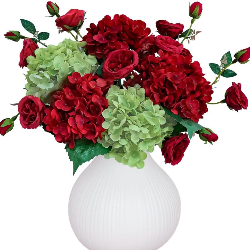 Premium Faux Flower Arrangement – Red Roses & Hydrangeas for Home, Wedding & Holiday Décor