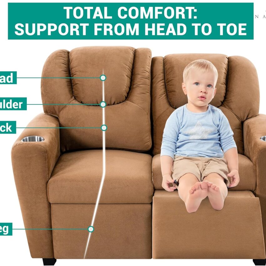 Suri Kids Recliner Loveseat – Toddler Chair with Cup Holders, Push-Back & Adjustable Footrest