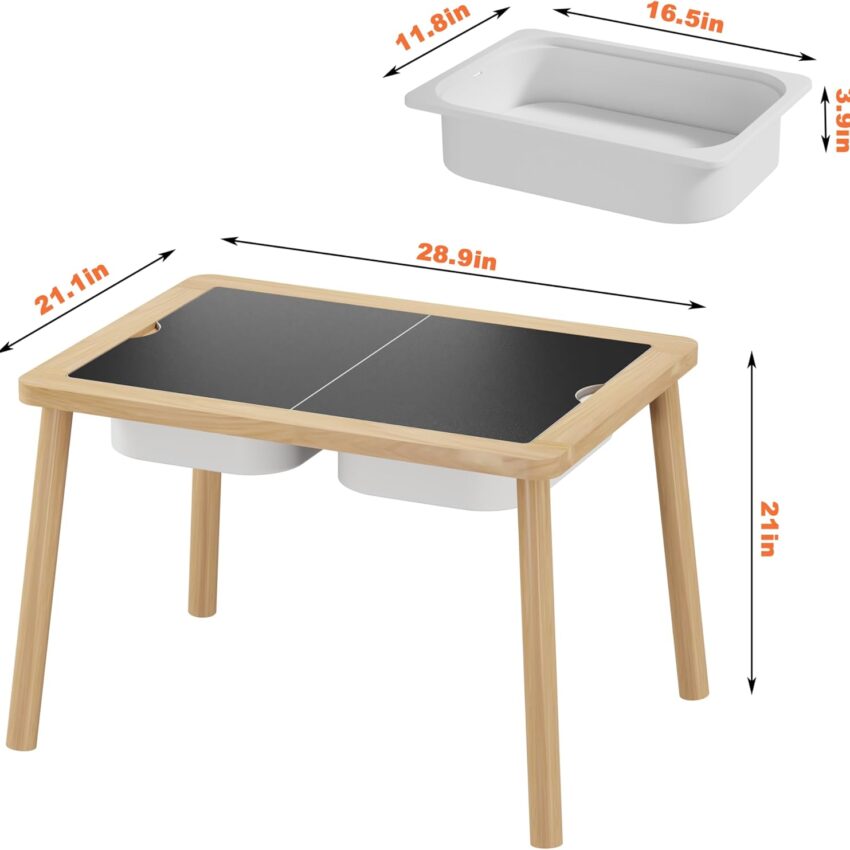 Wooden Sensory & Activity Table for Kids with Bins, Chalkboard & Whiteboard