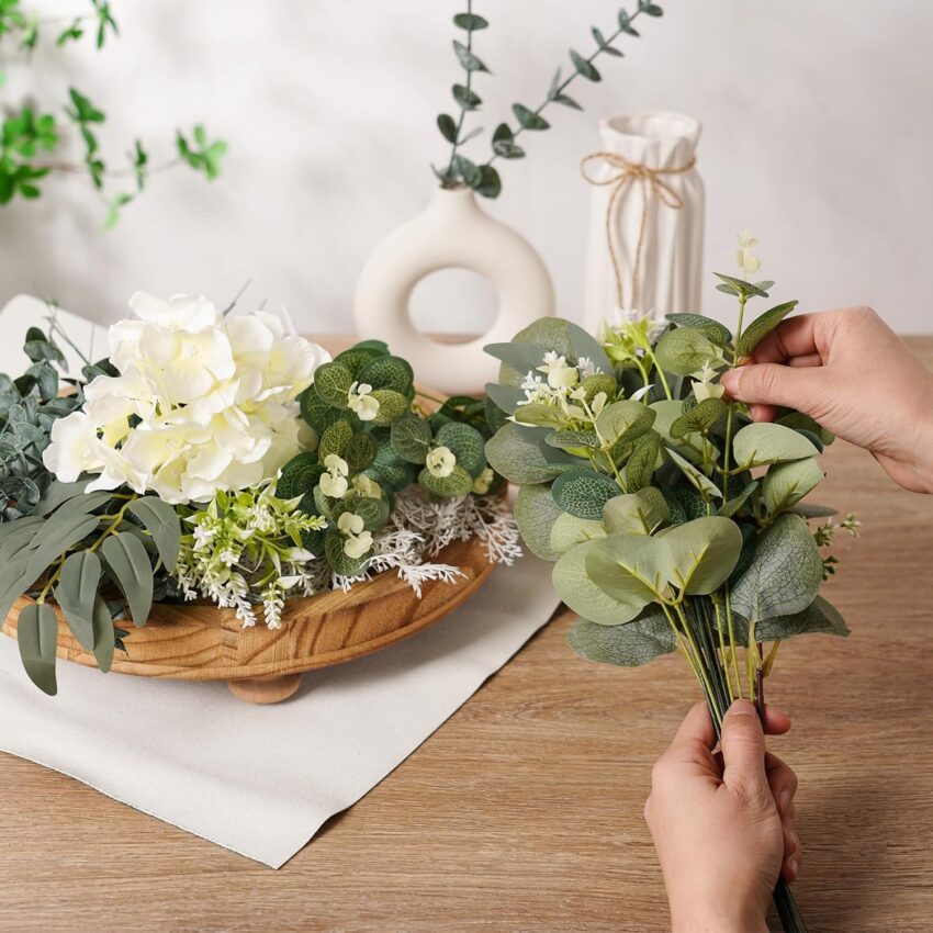 Artificial Eucalyptus Stems – Green & White Faux Leaves for Bouquets, Weddings, and Home Décor