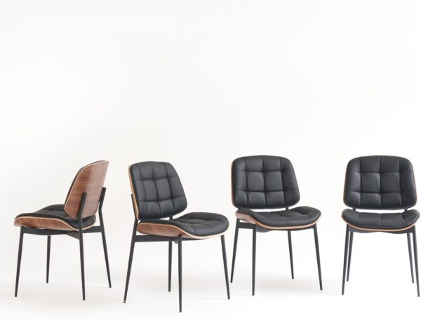 Mid-Century Modern Dining Chairs Set of 4 – Walnut Back & Black Faux Leather with Cushioned Seats