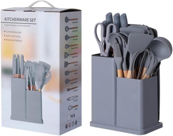 19-Piece Kitchenware & Knife Set – 9 Silicone Utensils, 5 Chef Knives, Scissors, Whisk, Tongs & Cutting Board (Gray)