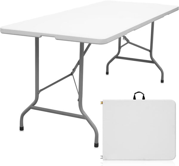 "6ft Heavy-Duty Folding Table, Portable Plastic Fold-in-Half Utility Table – Indoor/Outdoor, White"