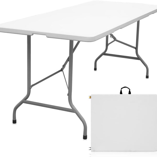 "6ft Heavy-Duty Folding Table, Portable Plastic Fold-in-Half Utility Table – Indoor/Outdoor, White"