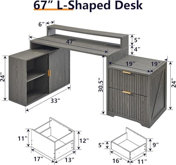 67" Modern L-Shaped Desk with Storage & Power Outlets – Grayish Green Wood Home Office Desk