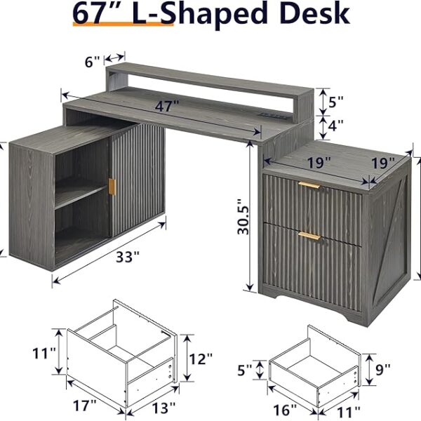 67" Modern L-Shaped Desk with Storage & Power Outlets – Grayish Green Wood Home Office Desk