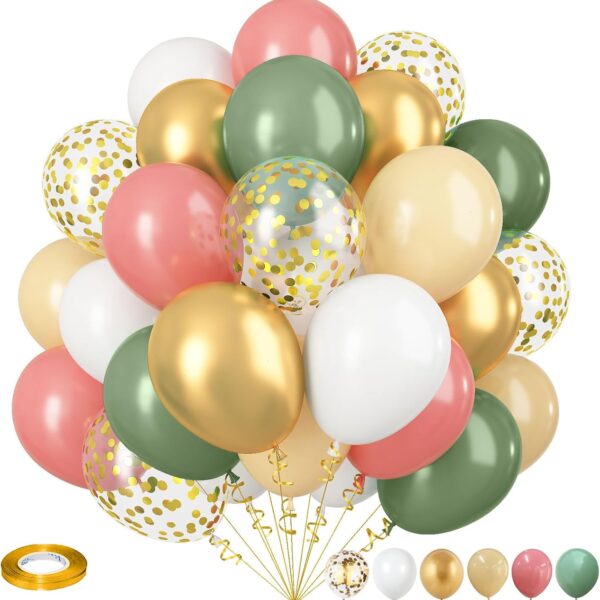 35-Piece Retro Dusty Pink & Sage Green Balloon Set – Gold Confetti for Parties & Showers