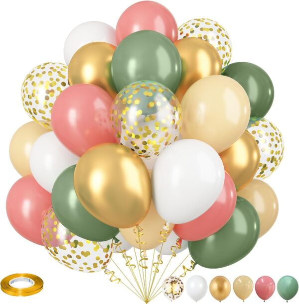 35-Piece Retro Dusty Pink & Sage Green Balloon Set – Gold Confetti for Parties & Showers