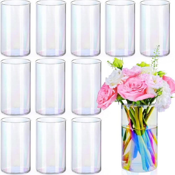 12-Piece Glass Cylinder Vases – 6" Iridescent Floating Candle Holders for Weddings & Parties
