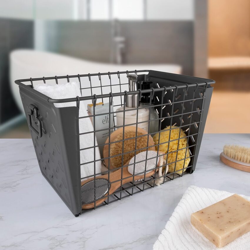 Stamped Steel & Wire Basket for Closet & Cubby Storage Vintage-Inspired Design