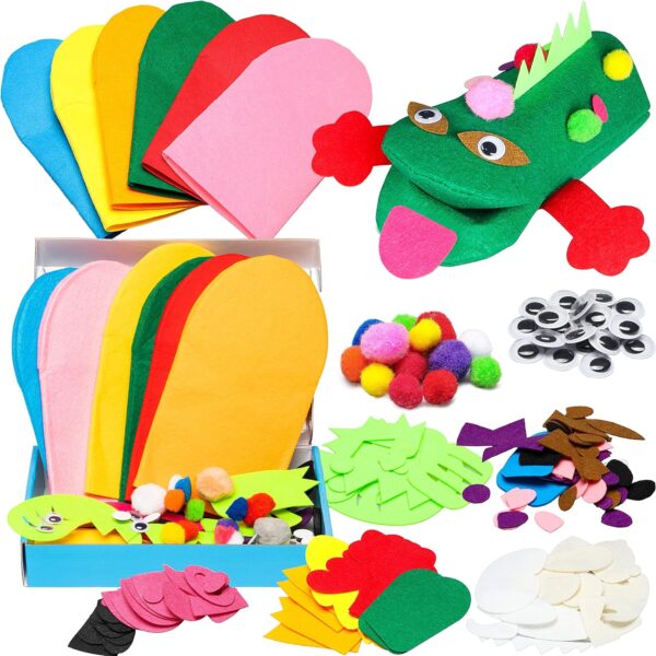 6Pcs Hand Puppet Making Kit - DIY Felt Sock Puppets with Pompoms & Googly Eyes