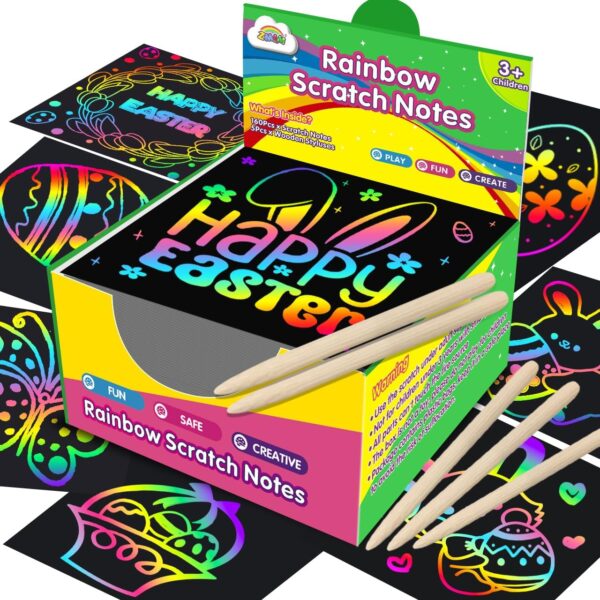 Rainbow Scratch Paper Art Craft Set for Kids – Easter Basket Stuffers, School Prizes, Birthday & Travel Toy